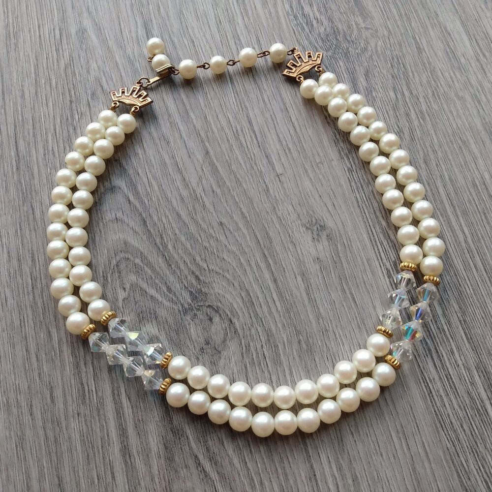 Vintage Faux Pearl Aurora Borealis Beaded Necklace Double Strands Formal